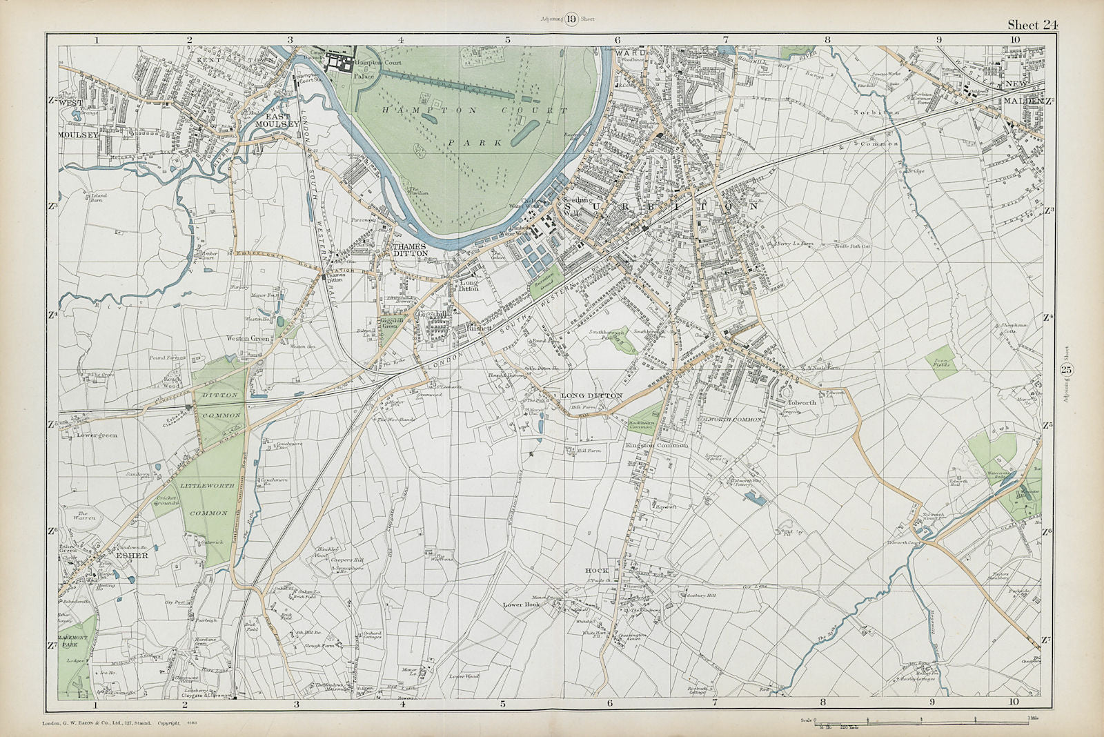 SURBITON & ESHER Hampton Court East Molesey Thames Ditton Hook. BACON  1906 map